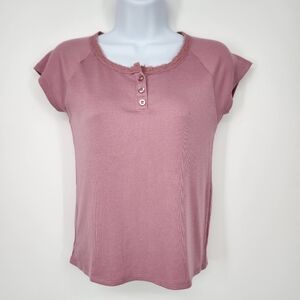 Colorful Planet Womens Ribbed Henley Top Size XL Mauve Lace Trim‎ Y2K Retro 90s